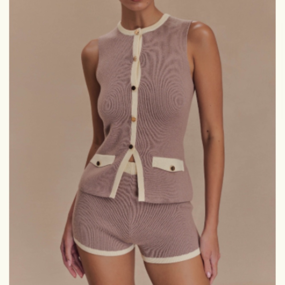 Sleeveless Beige and Cream Button-Up Top & Short Set